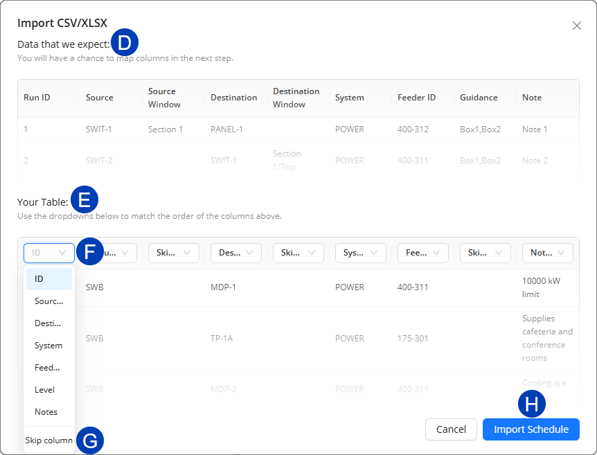 Import CSV/XLSX interface showing data mapping and column matching options.